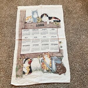 Vintage cat kitten mcm farm country  Tea Dish Towel Calendar 1988